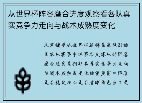 从世界杯阵容磨合进度观察看各队真实竞争力走向与战术成熟度变化 从世界杯阵容磨合进度观察看各队真实竞争力走向与战术成熟度变化